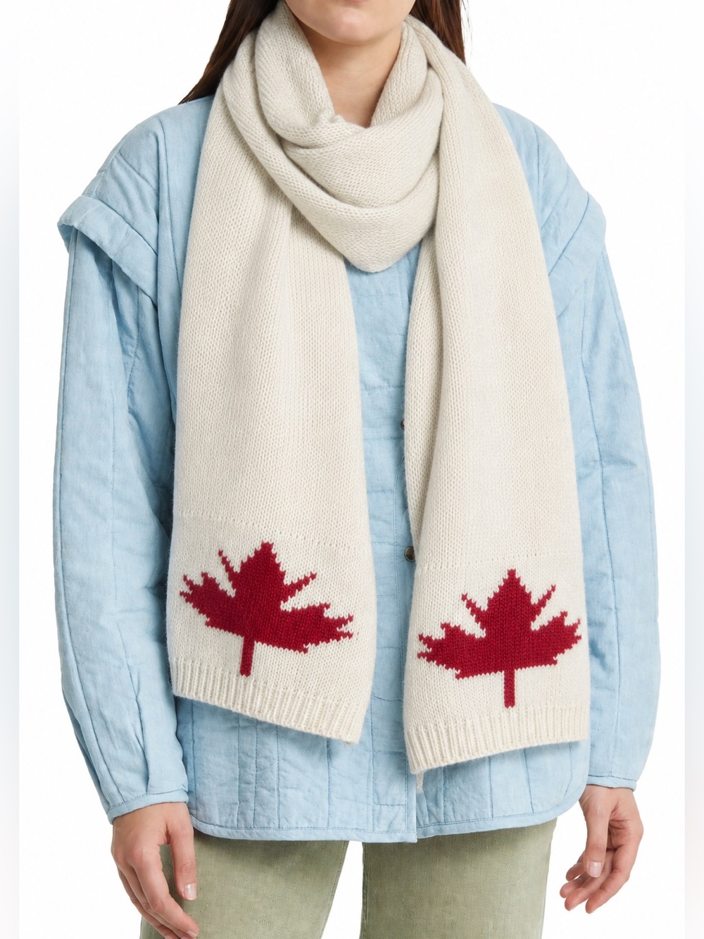 Nordstrom Wool Cream Knit Scarf with Red Canada Maple Leaf Design